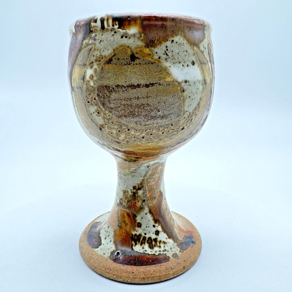 Studio Art Pottery Goblet Chalice Cup Textured Glazed Brown Gray Stoneware #4 - Picture 4 of 10